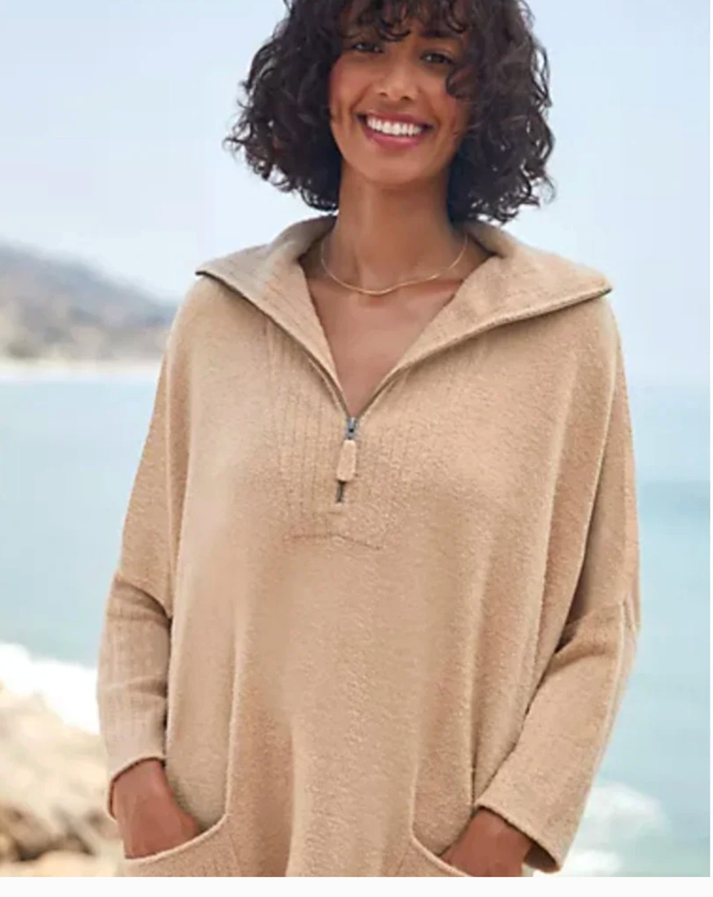 NWT Barefoot Dreams CozyChic Lite Half Zipped Rolled edge Tunic Camel